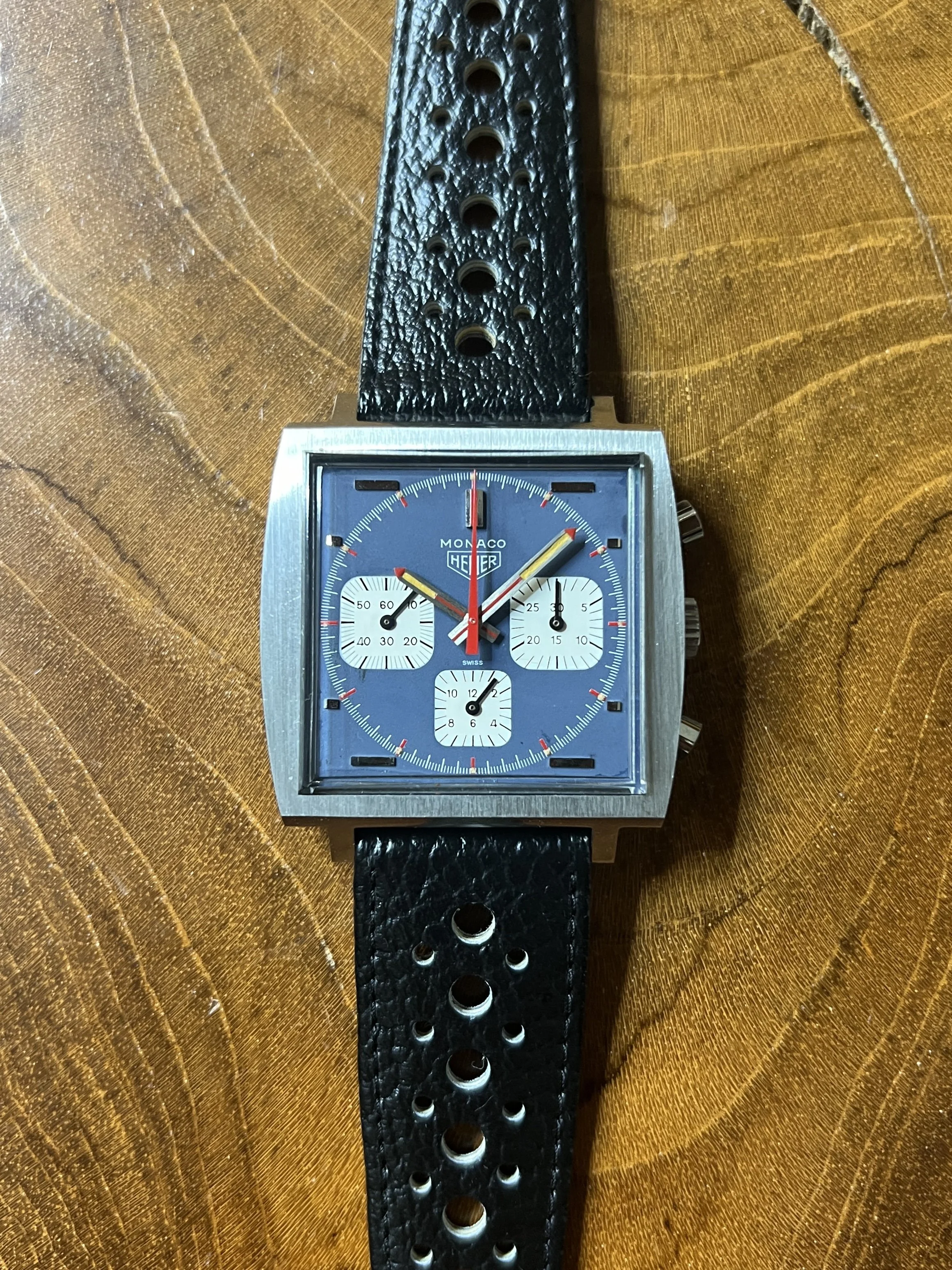 1972 Heuer Monaco 73633B Blue Manual Chronograph — Shiny Happy Objects